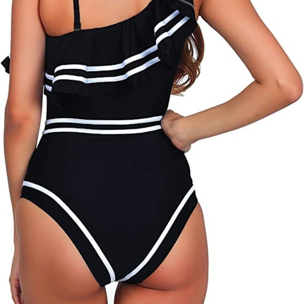 NWOT Women One Piece Nave Vintage Swim One Shoulder Ruched Flounce High … - Picture 3 of 5
